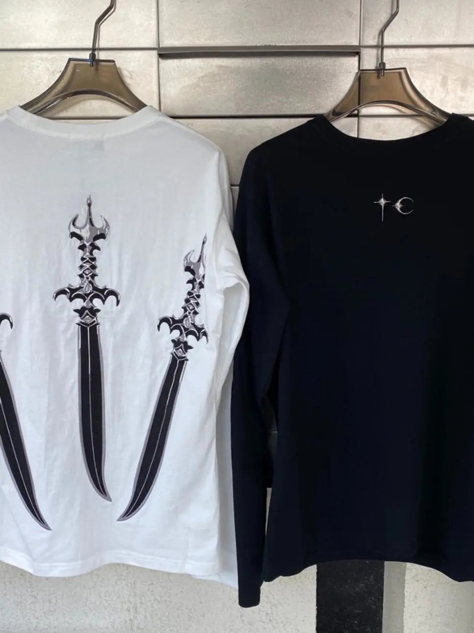White Long Sleeve T-Shirt With Black And Silver Sword Embroidery Gothic Style
