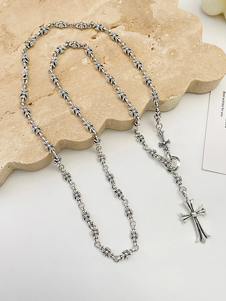 Silver Flower Link Chain Cross Pendant Necklace