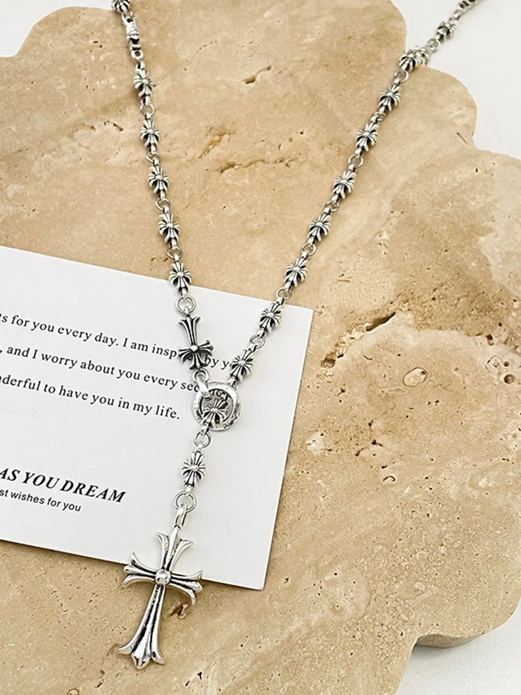 Silver Flower Link Chain Cross Pendant Necklace