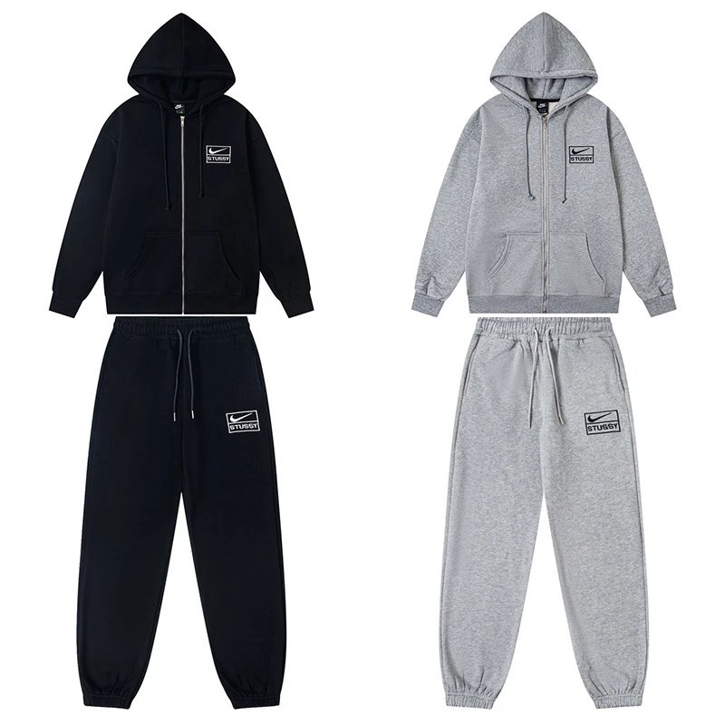 Nike Stussy Black Gray Crewneck Sweatshirt Jogger Set