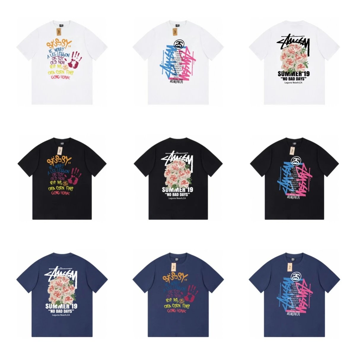 Stussy Summer 19 White Black Navy Graphic Print T-Shirt
