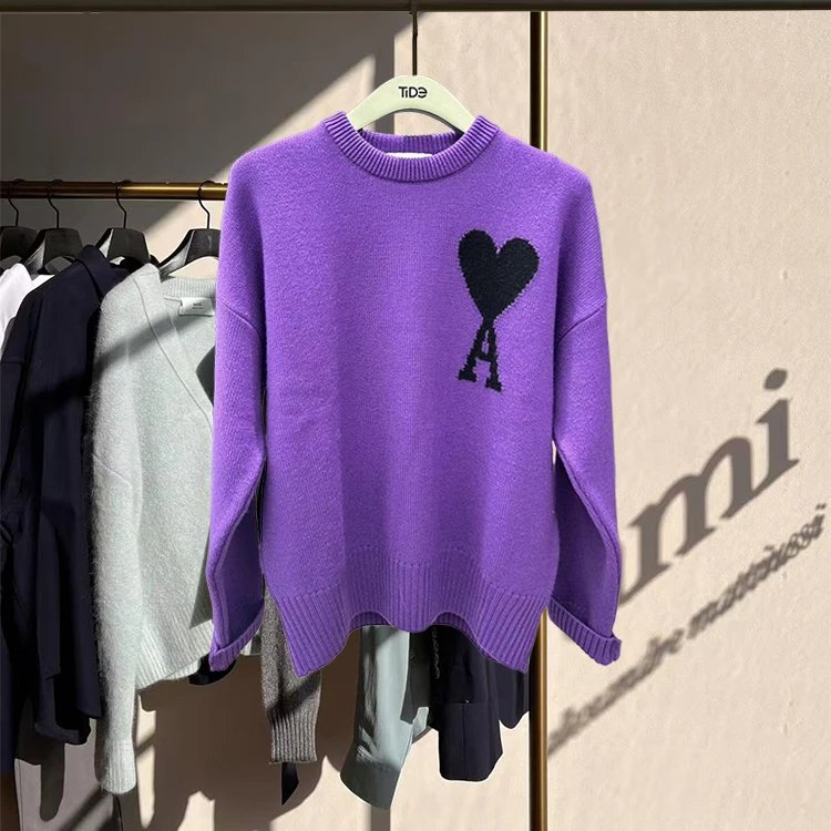 AMI Paris Heart Logo Grey Oversized Knit Sweater