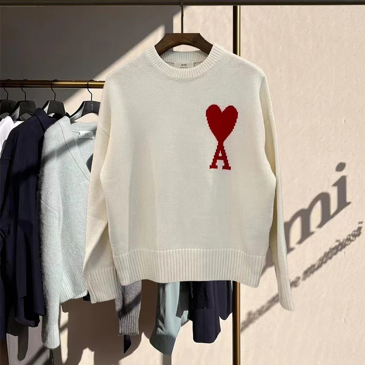 AMI Paris Heart Logo Grey Oversized Knit Sweater