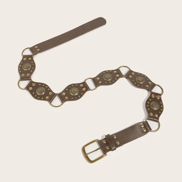 Design Western-Style Leather Belt with Rose Buckle Brown - 3