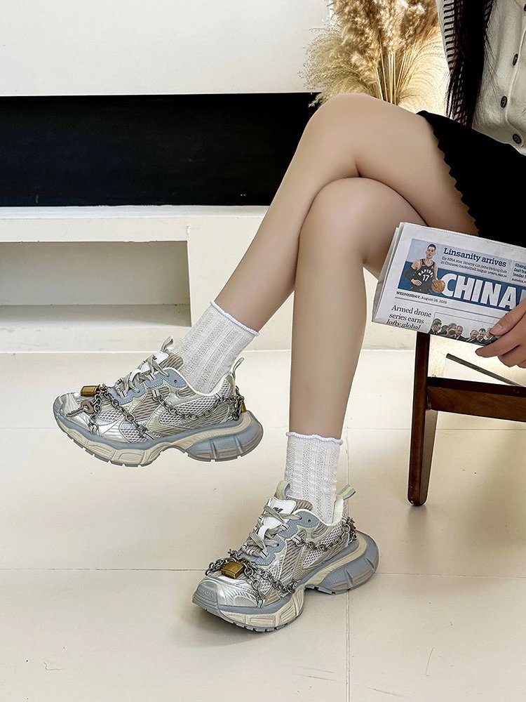 Balenciaga Triple S Black Silver Chain Decorated Chunky Sneakers