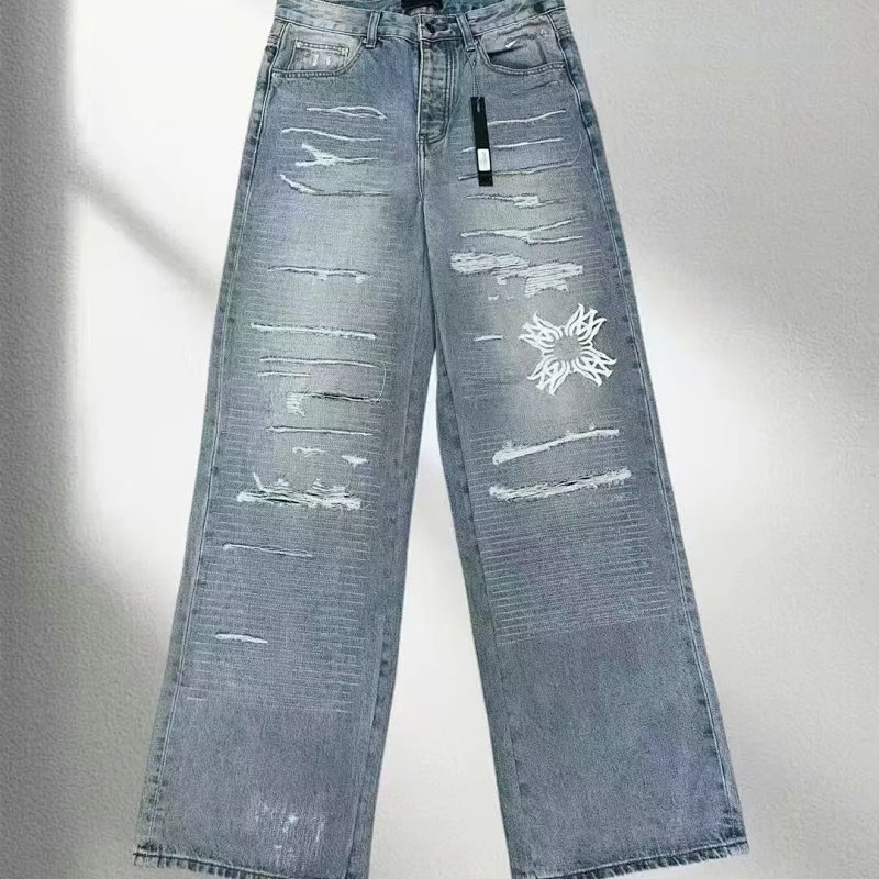 Distressed Wide-Leg Jeans with Floral Embroidery Light Blue