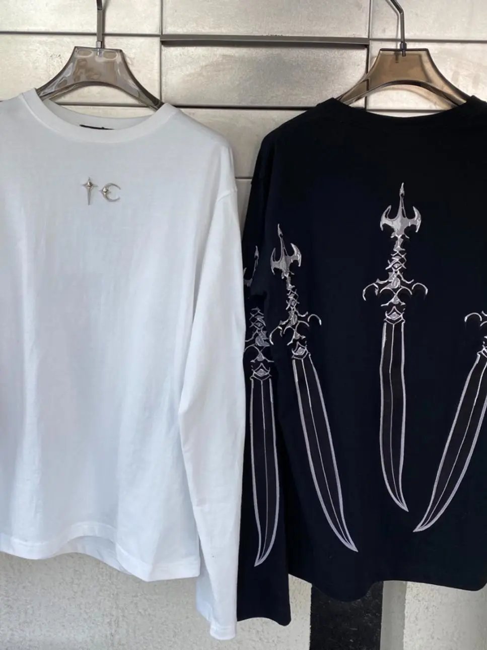 White Long Sleeve T-Shirt With Black And Silver Sword Embroidery Gothic Style