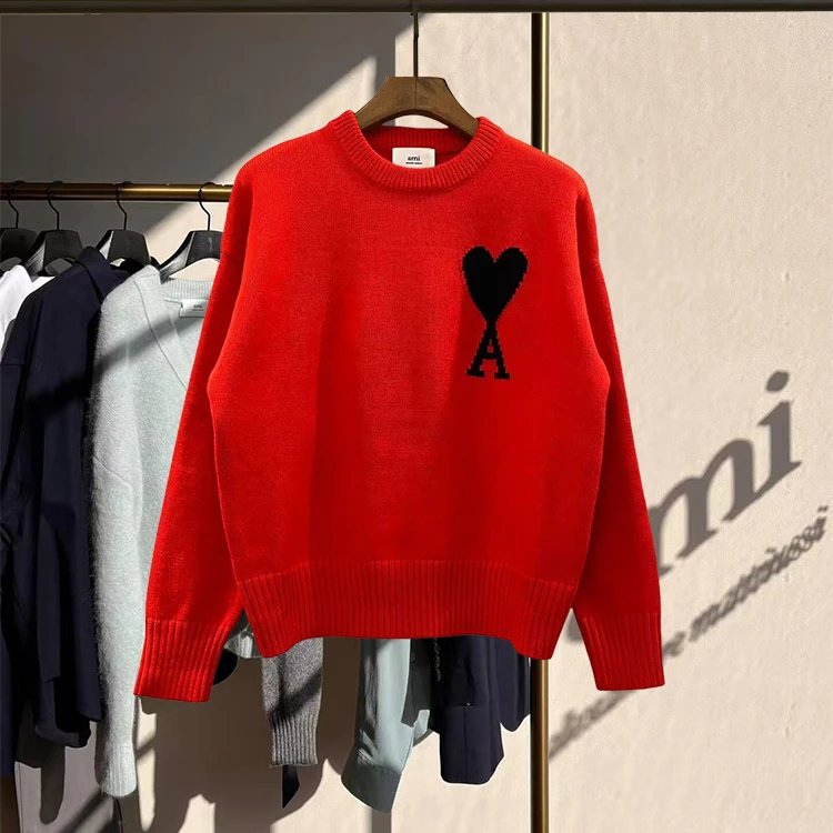 AMI Paris Heart Logo Grey Oversized Knit Sweater