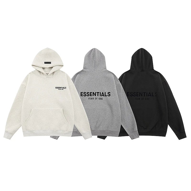 Fear of God Essentials Hoodie in White, Grey, and Black