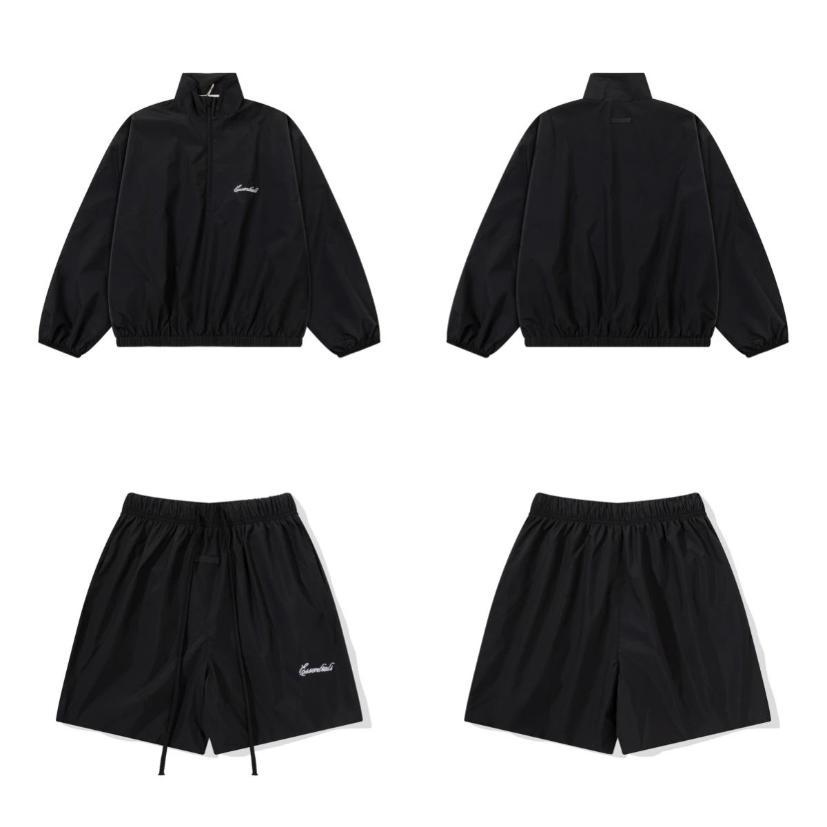 Essentials Windbreaker Beige Black Oversized Track Jacket And Shorts Set