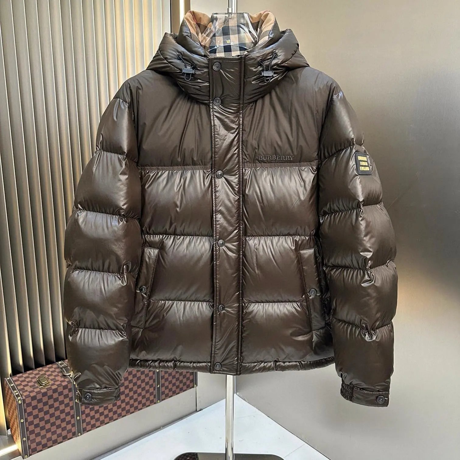 Burberry Puffer Jacket Black and Brown Glossy Hooded Down Coat