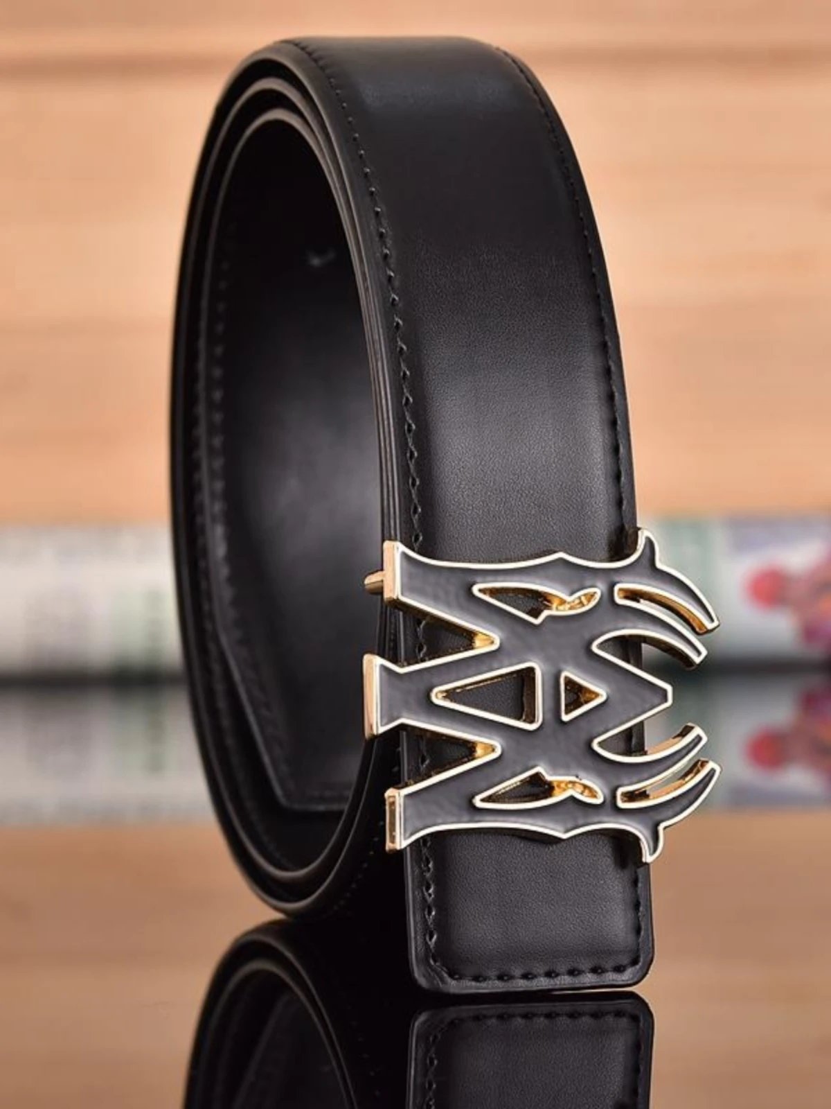 Black Leather Belt with Gothic M Logo Buckle in Silver Black Gold White