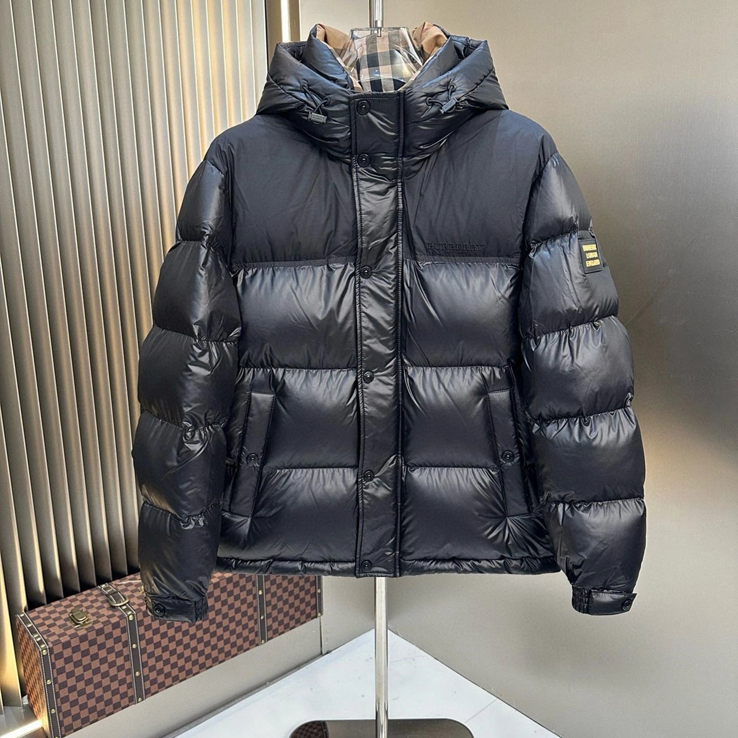 Burberry Puffer Jacket Black and Brown Glossy Hooded Down Coat