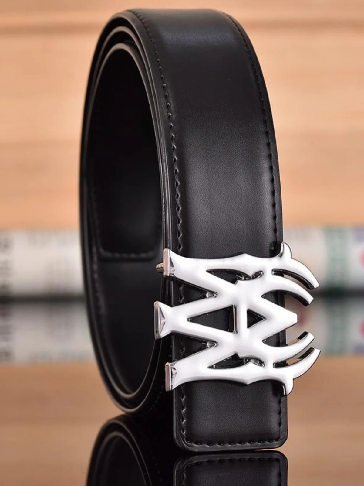 Black Leather Belt with Gothic M Logo Buckle in Silver Black Gold White