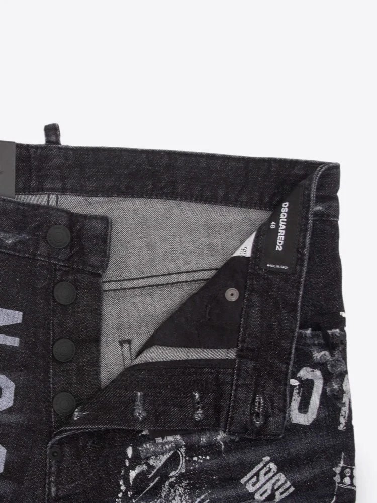 Dsquared2 Icon Black Graffiti Print Slim Fit Jeans