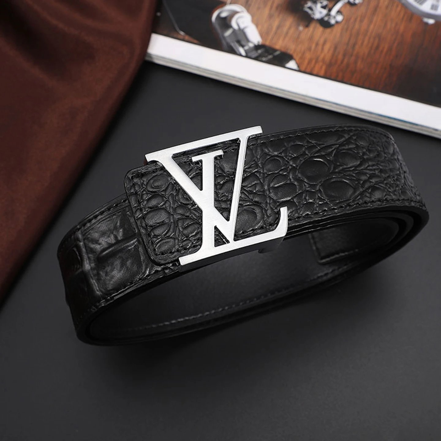 Luxury Designer Belt Collection Black Gray Crocodile Print H LV GG Buckle Belts