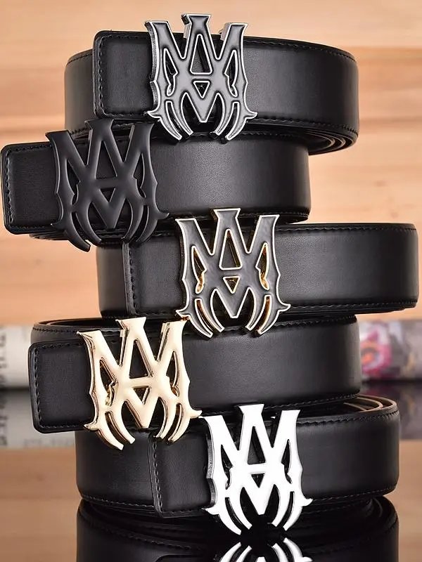 Black Leather Belt with Gothic M Logo Buckle in Silver Black Gold White