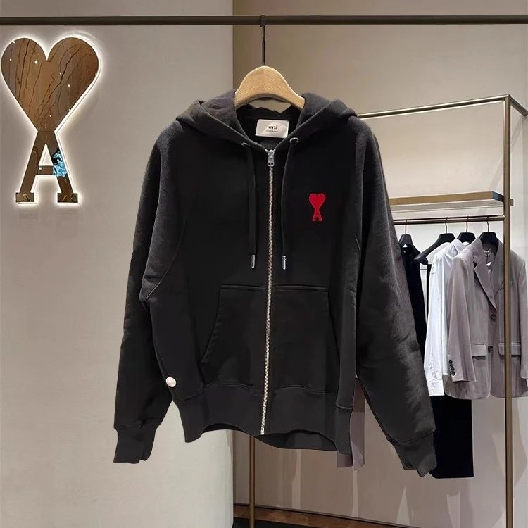 Ami Paris Grey Heart Embroidery Zip-Up Hoodie
