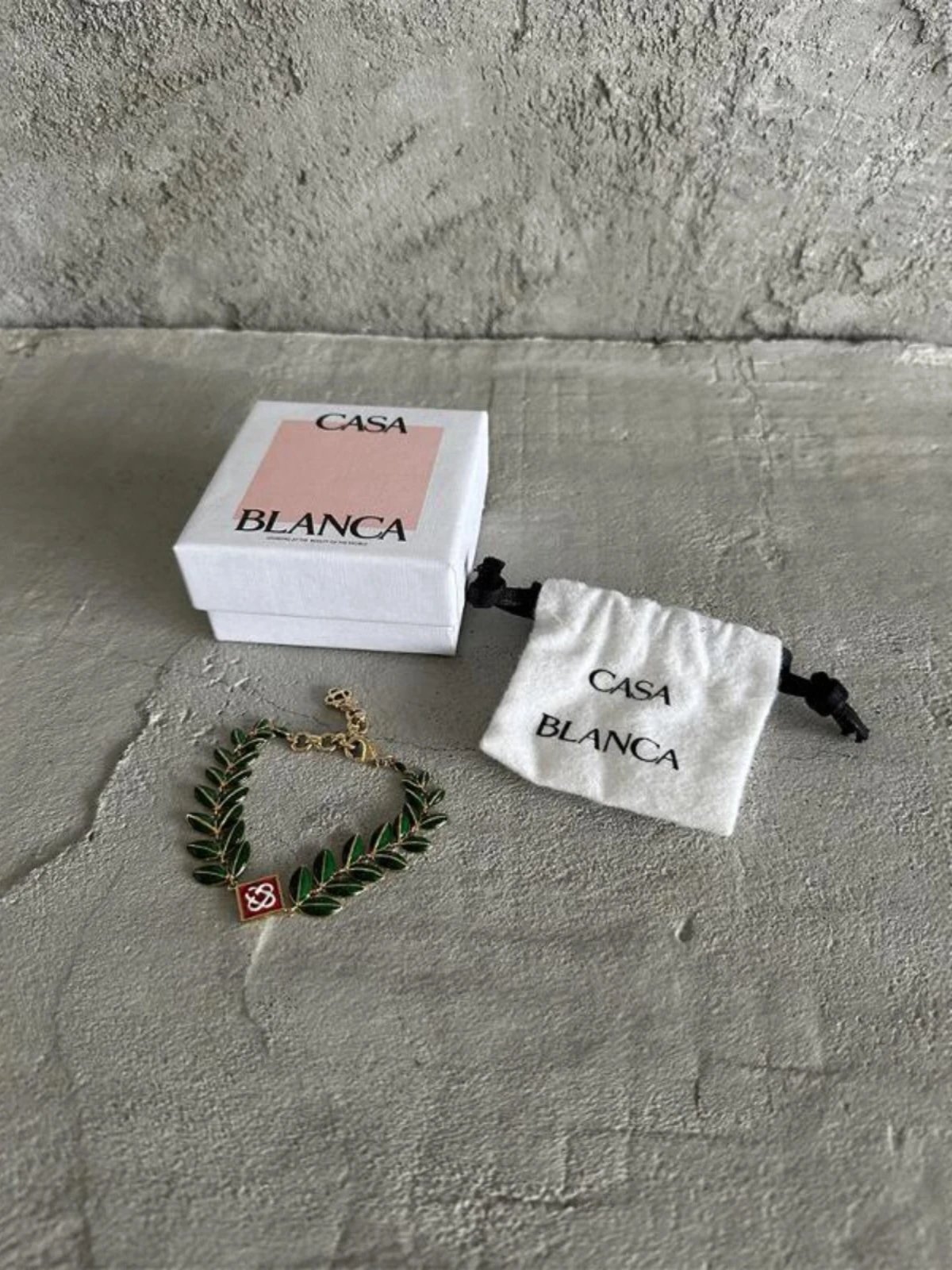 Gold Tone Enamel Green Leaf Red Square Charm Bracelet