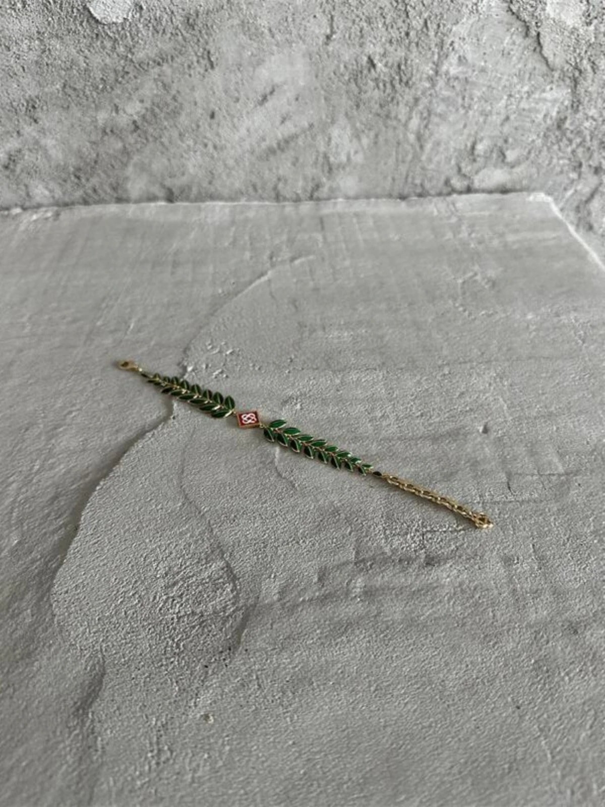 Gold Tone Enamel Green Leaf Red Square Charm Bracelet