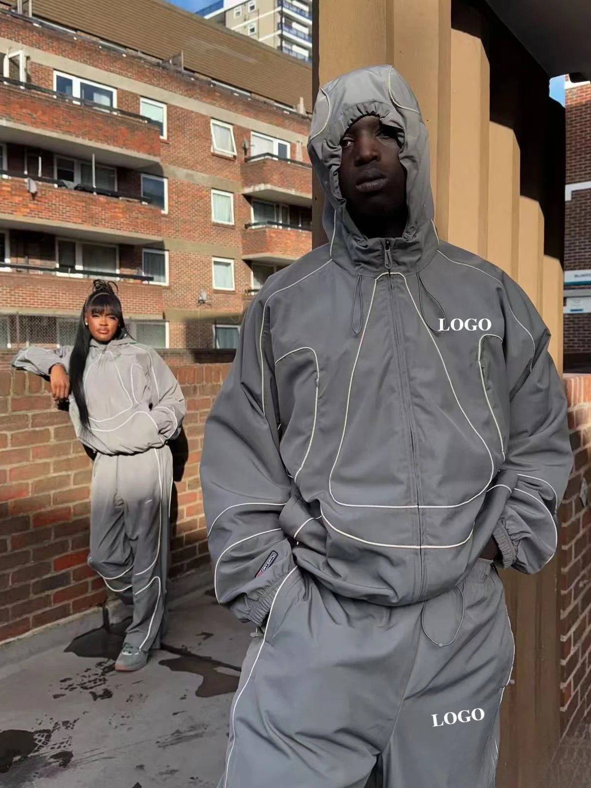 Black Track Suit with White Piping Urban Streetwear