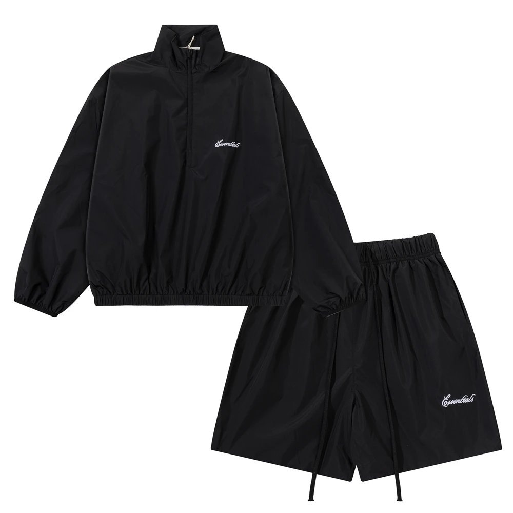 Essentials Windbreaker Beige Black Oversized Track Jacket And Shorts Set