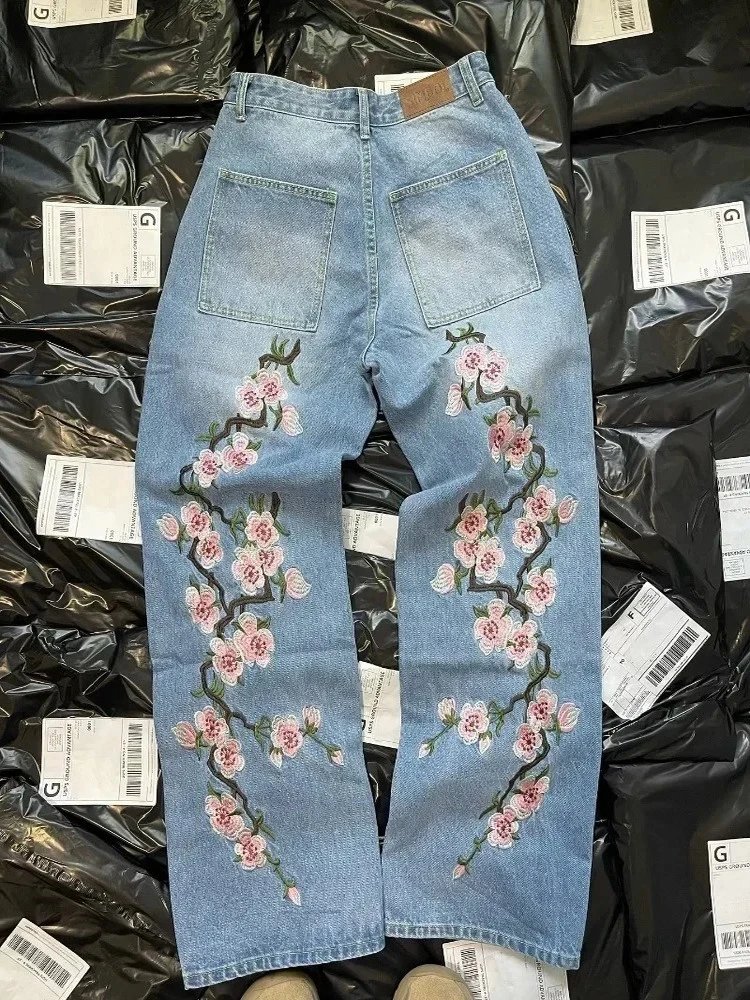 Denim Jeans Light Blue Embroidered Cherry Blossom Streetwear