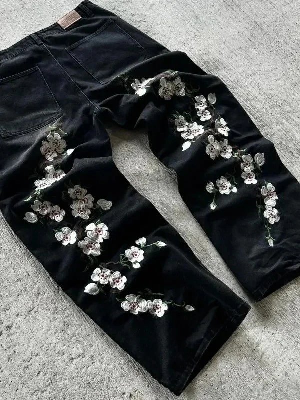 Denim Jeans Light Blue Embroidered Cherry Blossom Streetwear