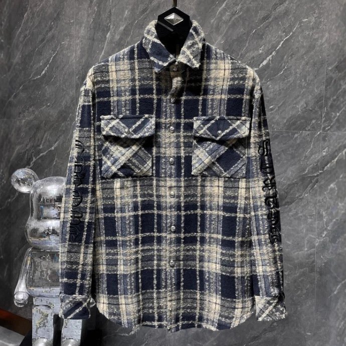 Chrome Hearts Plaid Shirt Black White Distressed Casual
