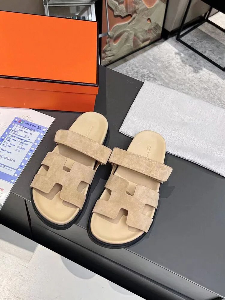 Hermès Oran Beige Suede Slide Sandals