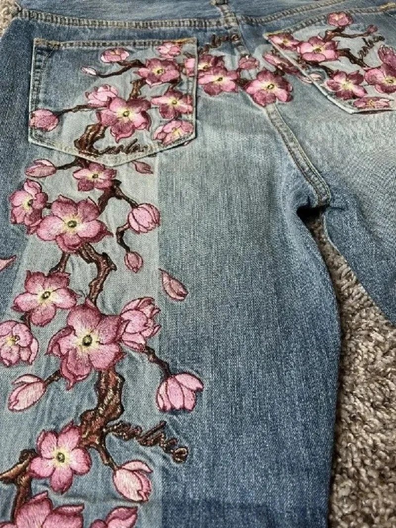 Denim Jeans Light Blue Embroidered Cherry Blossom Streetwear