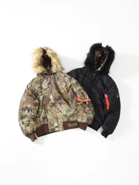 Stussy MA-1 Bomber Jacket Black with Leopard Fur Hood - 2