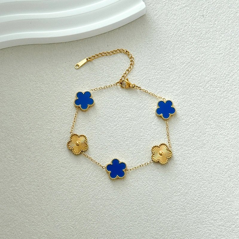 Gold Tone Clover Charm Chain Bracelet Blue Green Red White Black Enamel Floral