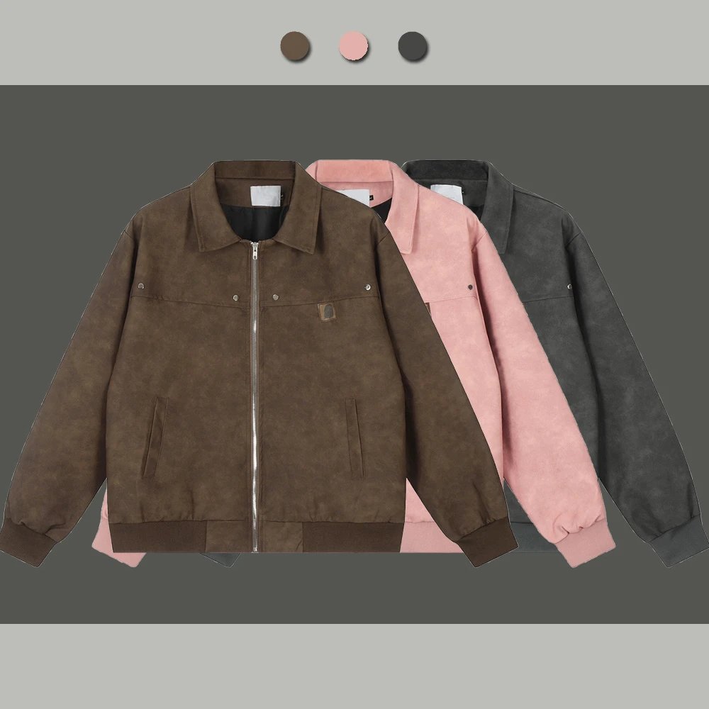 Suede Zip-Up Jacket Dark Gray Utility Style