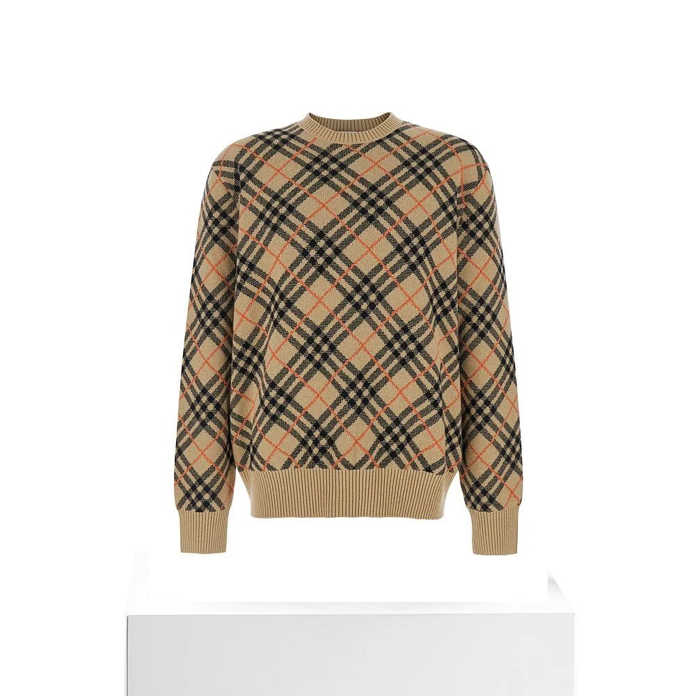 Burberry Classic Beige Black Orange Check Knit Sweater