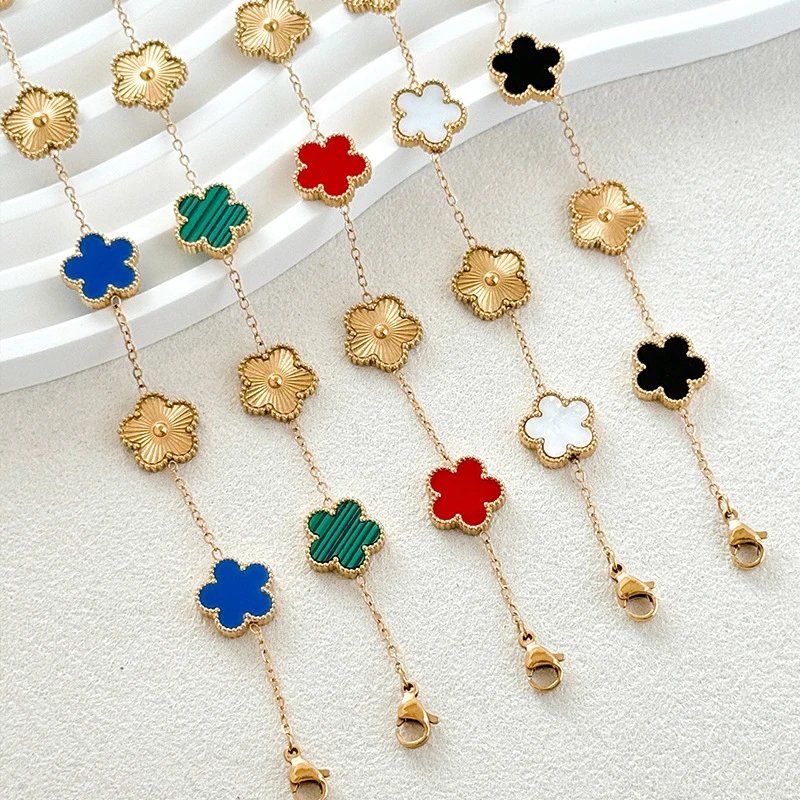Gold Tone Clover Charm Chain Bracelet Blue Green Red White Black Enamel Floral