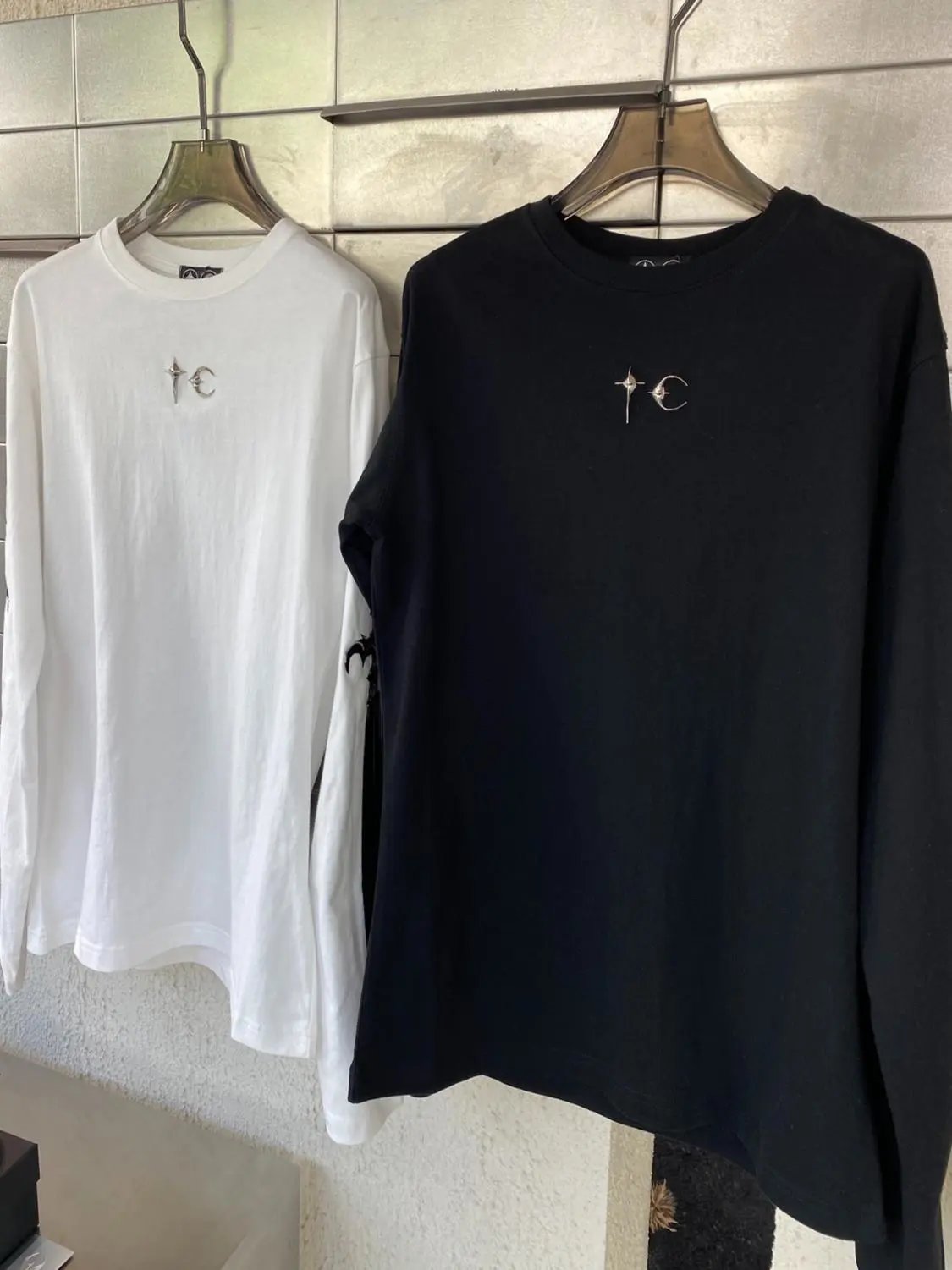 White Long Sleeve T-Shirt With Black And Silver Sword Embroidery Gothic Style
