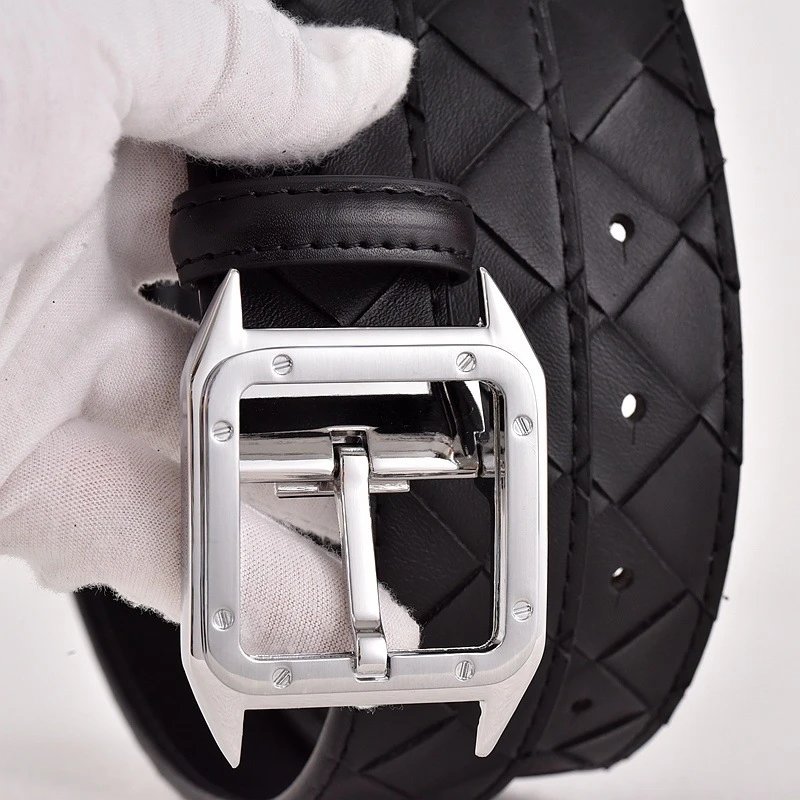 Black Woven Leather Belt Silver Square Buckle Classic Style
