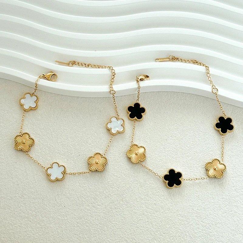 Gold Tone Clover Charm Chain Bracelet Blue Green Red White Black Enamel Floral