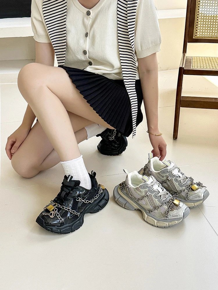 Balenciaga Triple S Black Silver Chain Decorated Chunky Sneakers