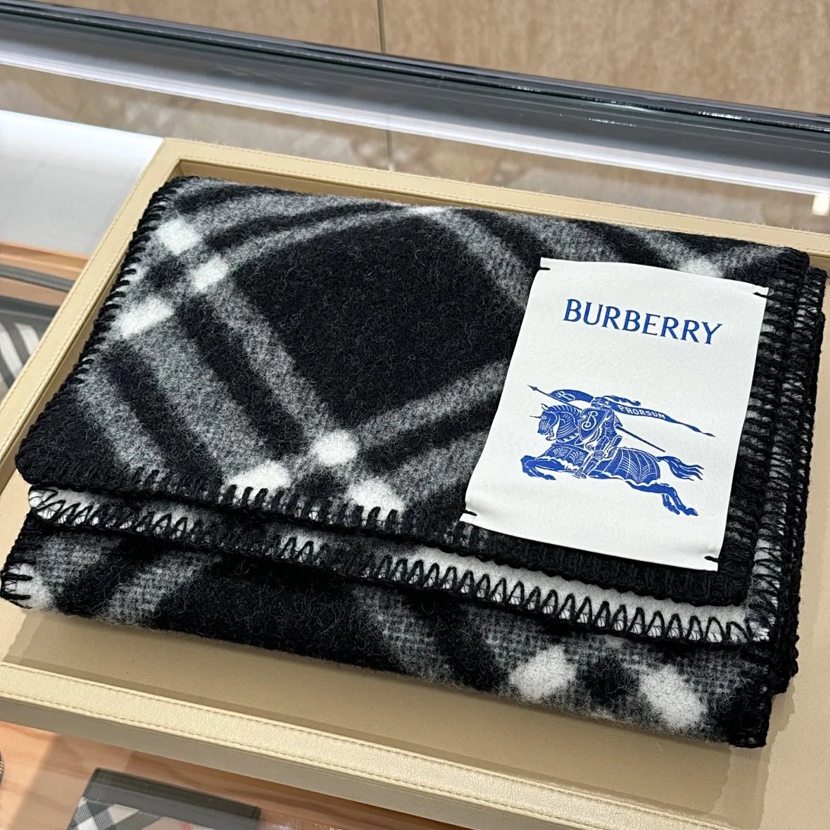 Burberry War Horse Black and White Plaid Wool and Cashmere Scarf