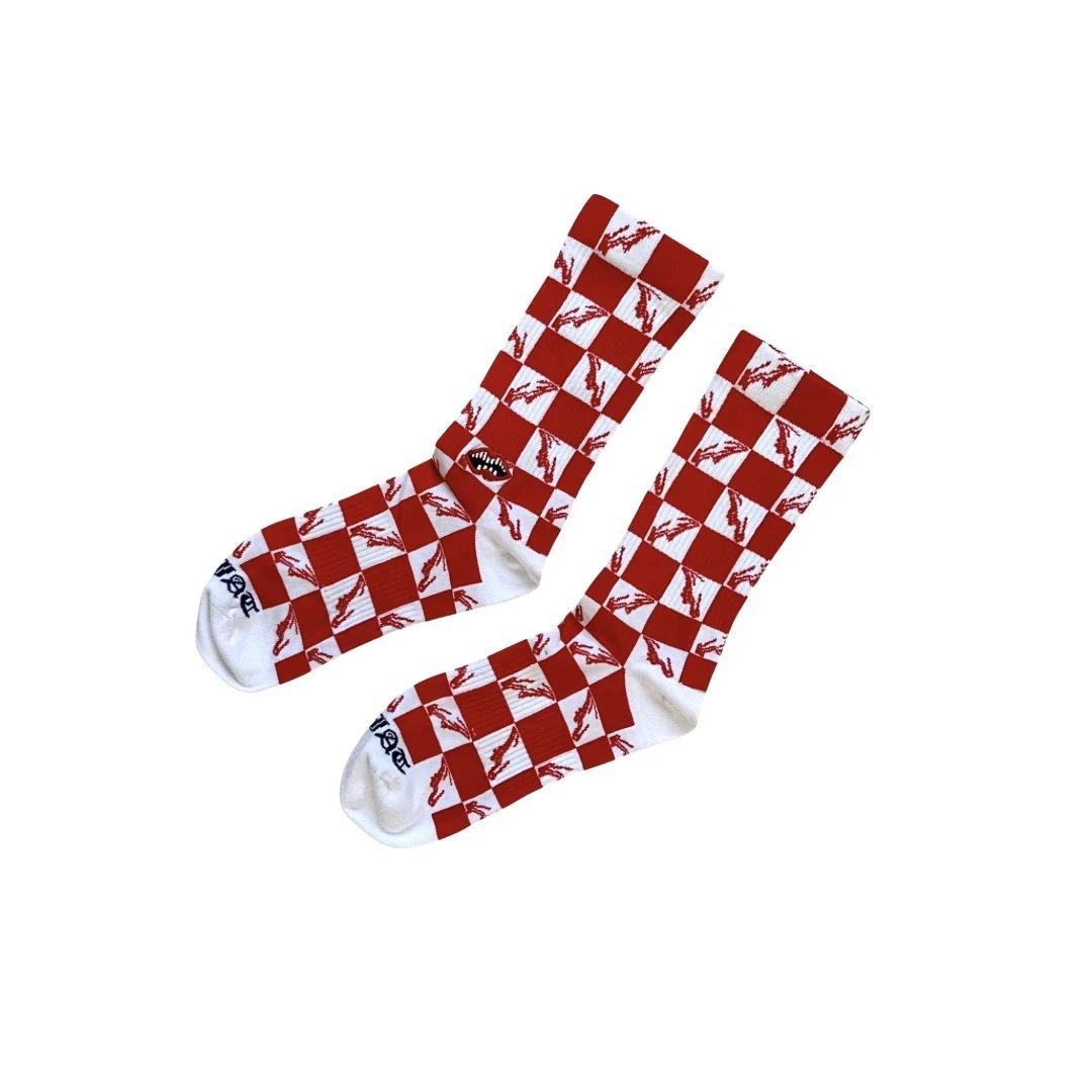 aeae Checkerboard Crocodile Socks Red White