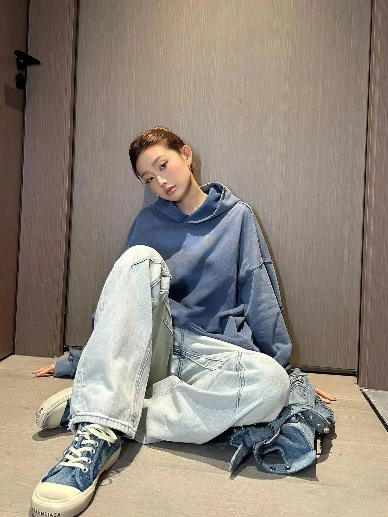 Distressed Blue Eiffel Tower Print Oversized Hoodie