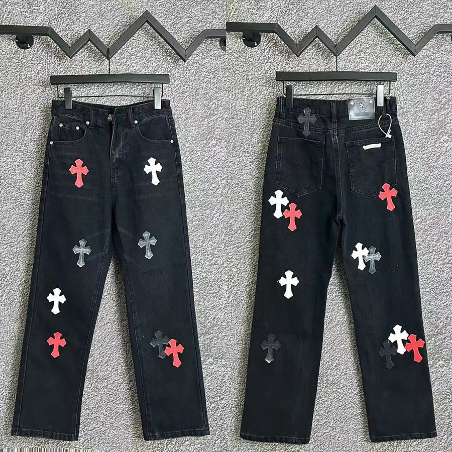 Cross-Embellished Denim Jeans Assorted Colors Distressed Style