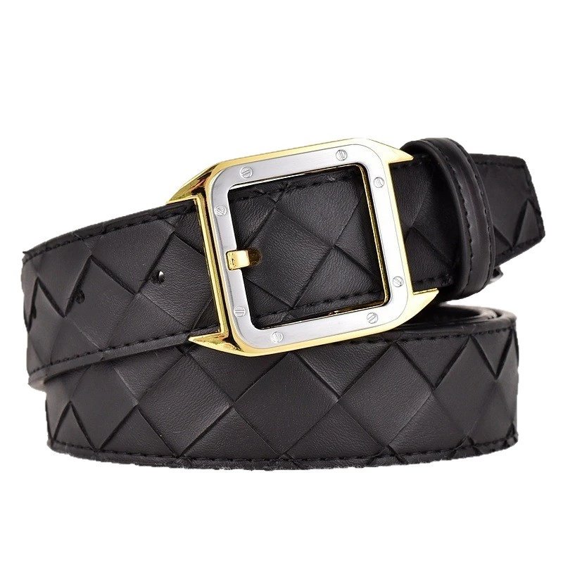 Black Woven Leather Belt Silver Square Buckle Classic Style