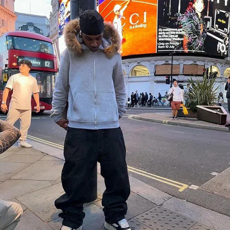 Faux Fur Hooded Gray Zip-Up Oversized Sweatshirt