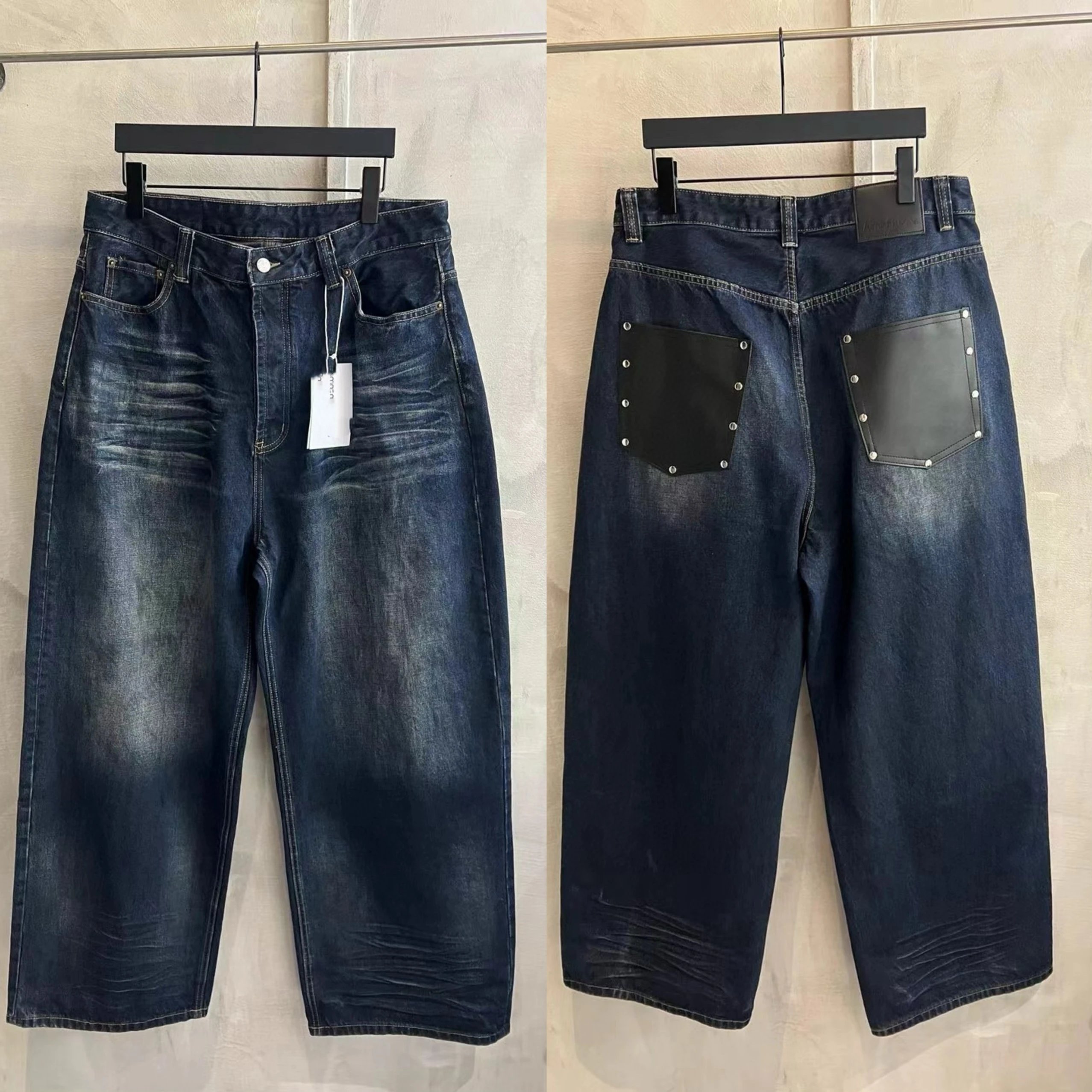 Alexander McQueen Wide-Leg Distressed Jeans with Leather Patch Pockets Navy
