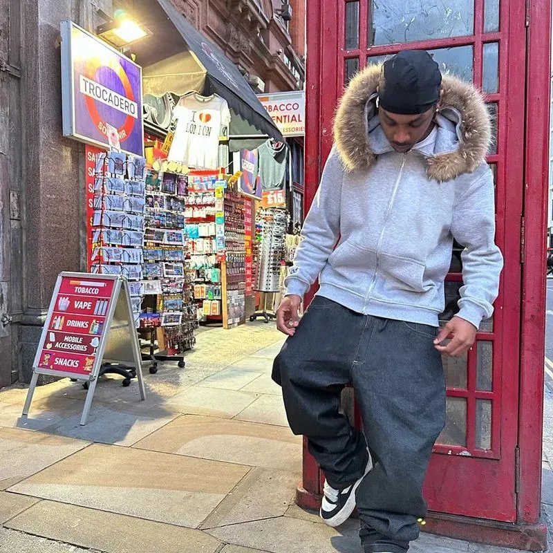 Faux Fur Hooded Gray Zip-Up Oversized Sweatshirt