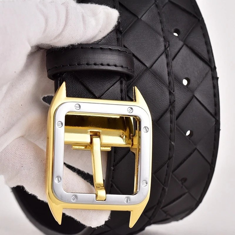 Black Woven Leather Belt Silver Square Buckle Classic Style