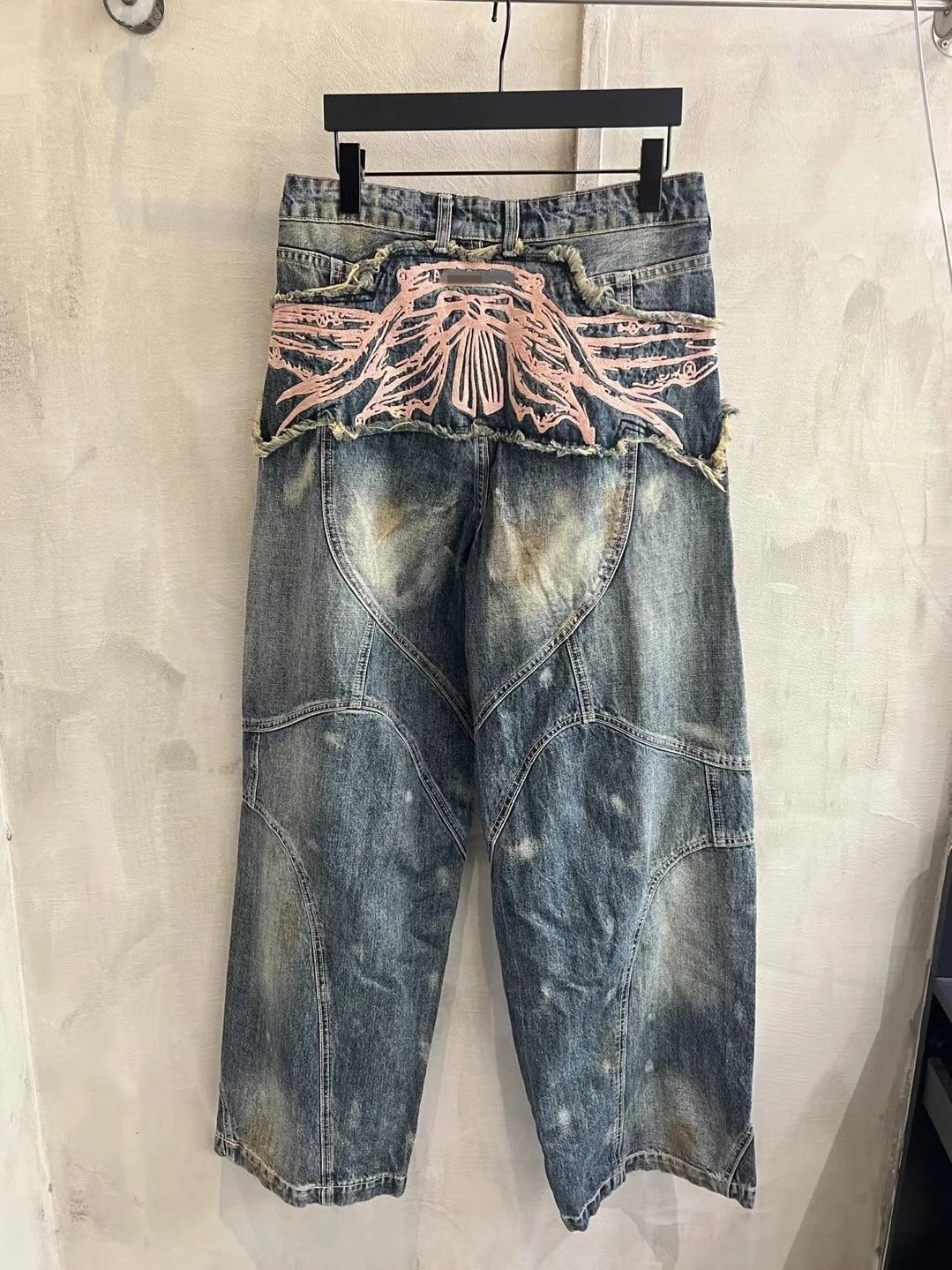Distressed Denim Wide-Leg Blue Patchwork Jeans
